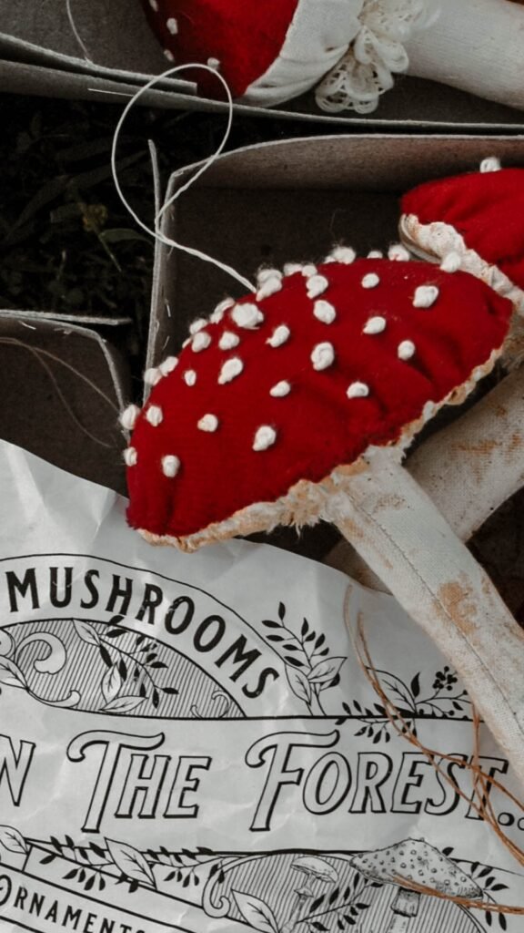 Handmade embroidered mushroom cottagecore inspired with red corduroy fabric by Prim Dolls.
