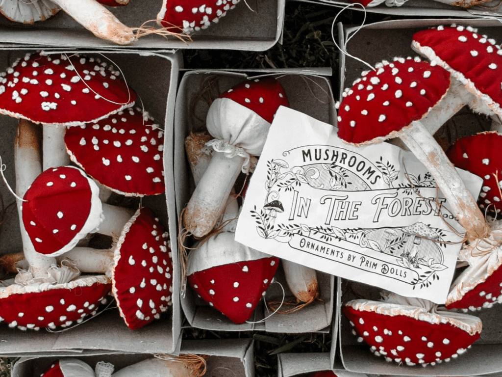 Handmade embroidered mushroom cottagecore inspired with red corduroy fabric by Prim Dolls.