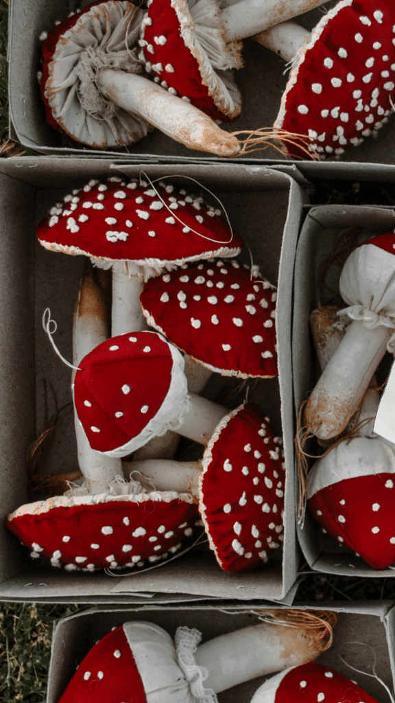 Handmade embroidered mushroom cottagecore inspired with red corduroy fabric by Prim Dolls.